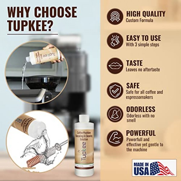 Tupkee 커피 머신 디스케일링 솔루션 - 미국산 - 병당 2회 사용 - Keurig 커피 머신, Nespresso, Breville, Delonghi용 범용 청소 디스케일러 모든 일회용 커피 메이커