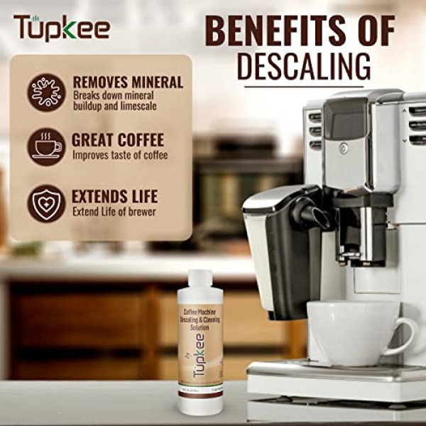 Tupkee 커피 머신 디스케일링 솔루션 - 미국산 - 병당 2회 사용 - Keurig 커피 머신, Nespresso, Breville, Delonghi용 범용 청소 디스케일러 모든 일회용 커피 메이커