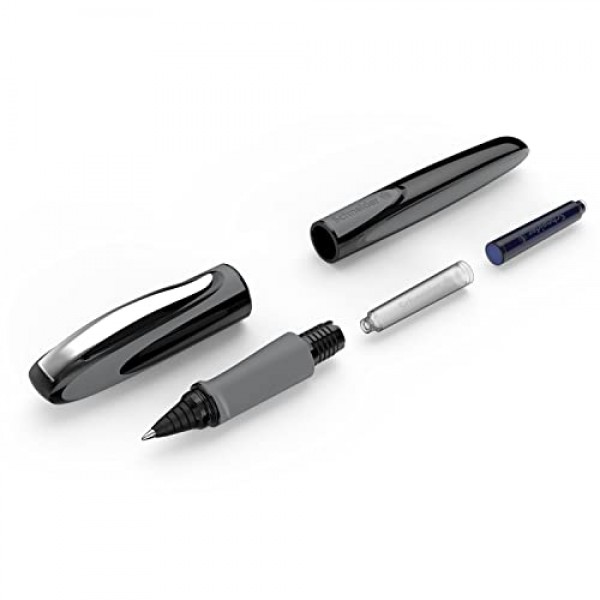 슈나이더 레이 카트리지 롤러볼 펜 M(중형), 리필 가능, 오닉스 배럴, 로얄 블루 지울 수 있는 잉크 카트리지, 펜 1팩(187807)