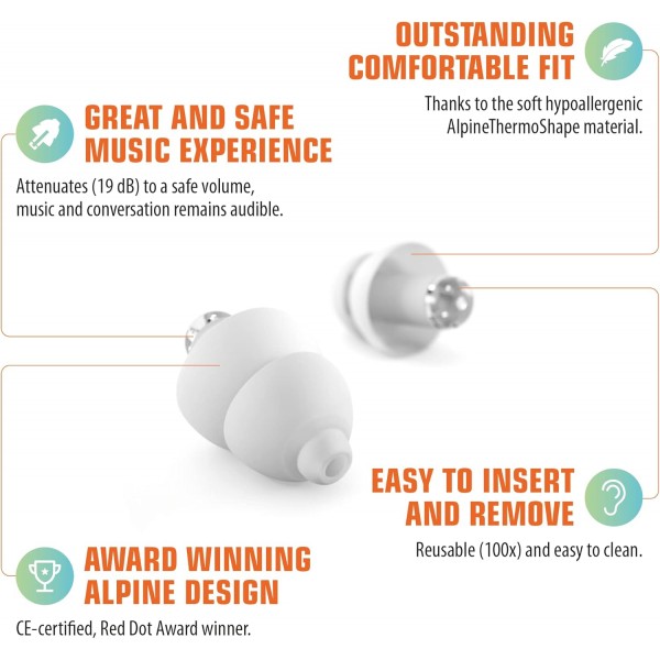 Alpine PartyPlug 재사용 가능한 귀마개 - 파티 및 클럽 활동을 위한 소음 감소 필터링 귀마개 - 시끄러운 소리 및 음악에 대한 편안한 청력 보호 - 1 쌍 재사용 가능한 소프