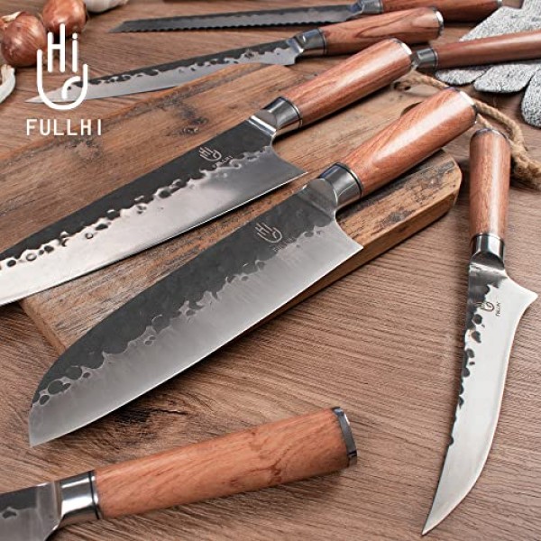 FULLHI 14pcs 정육점 요리사 칼 세트에는 칼집이 포함됩니다. 고 탄소강 식칼 주방 칼 전체 당나라 야채 식칼 홈 바베큐 캠핑 칼 가방, 고기 온도계
