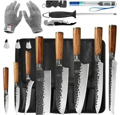 FULLHI 14pcs 정육점 요리사 칼 세트에는 칼집이 포함됩니다. 고 탄소강 식칼 주방 칼 전체 당나라 야채 식칼 홈 바베큐 캠핑 칼 가방, 고기 온도계