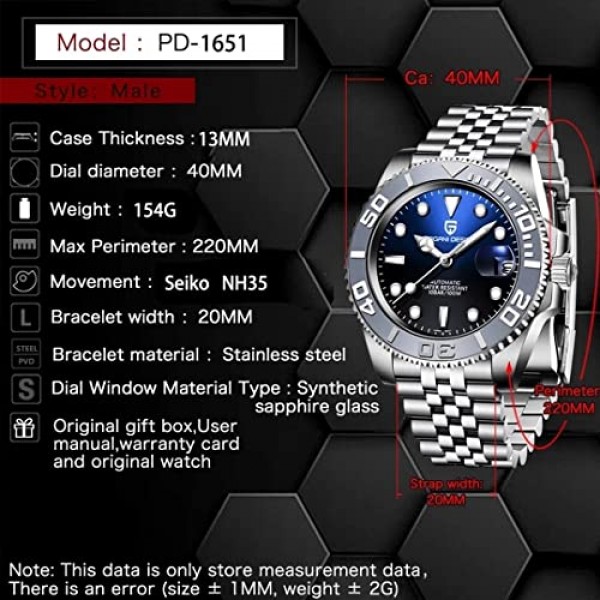 Pagani Design 남성용 시계 일본 NH35A 스포츠 100M 방수 스테인레스 스틸 자동 남성용 시계