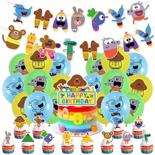 IFHDO 만화 생일 풍선 세트 32pcs Hey Duggee 생일 용품 케이크 토퍼 컵케익 토퍼, 생일 파티 장식용 배너 풍선 포함