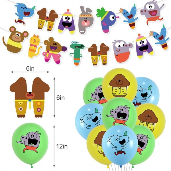 IFHDO 만화 생일 풍선 세트 32pcs Hey Duggee 생일 용품 케이크 토퍼 컵케익 토퍼, 생일 파티 장식용 배너 풍선 포함