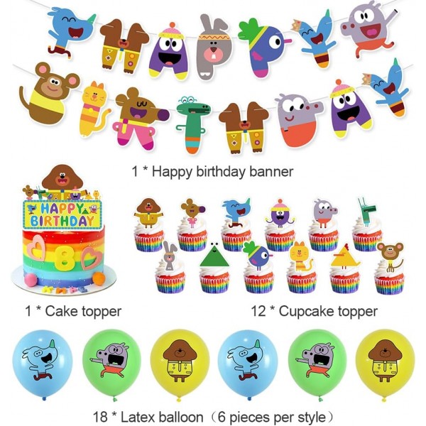 IFHDO 만화 생일 풍선 세트 32pcs Hey Duggee 생일 용품 케이크 토퍼 컵케익 토퍼, 생일 파티 장식용 배너 풍선 포함