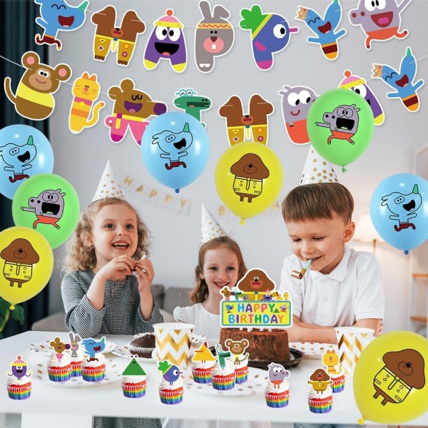 IFHDO 만화 생일 풍선 세트 32pcs Hey Duggee 생일 용품 케이크 토퍼 컵케익 토퍼, 생일 파티 장식용 배너 풍선 포함