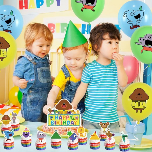 IFHDO 만화 생일 풍선 세트 32pcs Hey Duggee 생일 용품 케이크 토퍼 컵케익 토퍼, 생일 파티 장식용 배너 풍선 포함