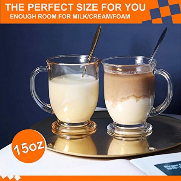 Vivimee 대형 유리 커피 머그, 투명, 6개 세트, 15온스 뜨거운 음료용 손잡이 포함, 차, 카푸치노, 라떼, 에스프레소 커피, 주스, 커피 컵용 투명 머그