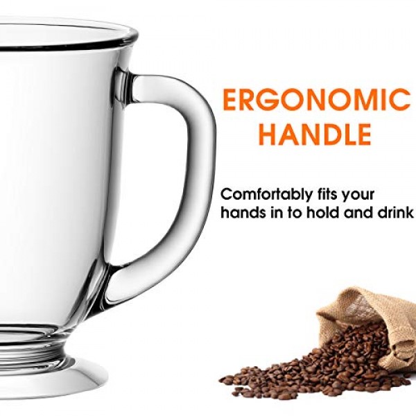 Vivimee 대형 유리 커피 머그, 투명, 6개 세트, 15온스 뜨거운 음료용 손잡이 포함, 차, 카푸치노, 라떼, 에스프레소 커피, 주스, 커피 컵용 투명 머그