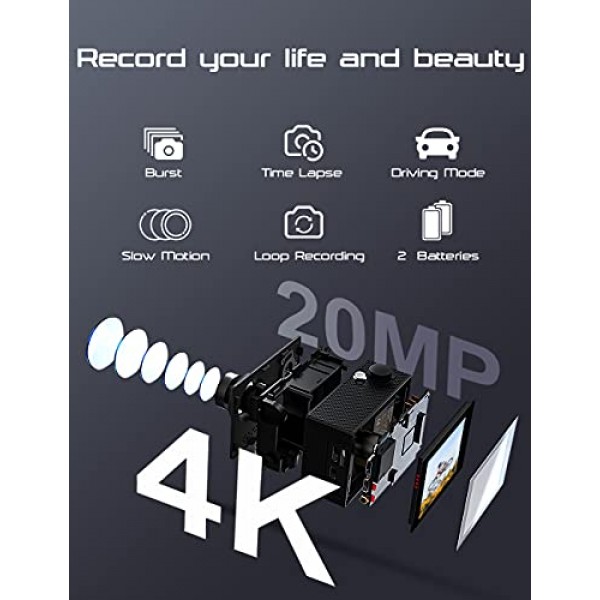 Apexcam 4K 액션 캠 20MP WiFi 스포츠 카메라 울트라 HD 수중 카메라 40m 170° 광각 2.4G 원격 제어 저속 촬영 2x1050mAh 배터리 2.0인치 LCD 화면 및 기타
