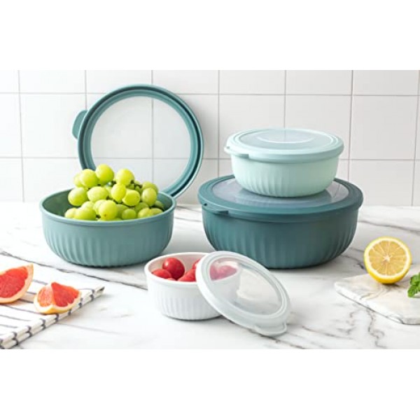 COOK WITH COLOR 준비 그릇 - 넓은 믹싱 그릇 뚜껑이 있는 플라스틱 식사 준비 그릇 세트 - 작은 그릇 다양한 크기의 식품 용기(청록색 옴브레)