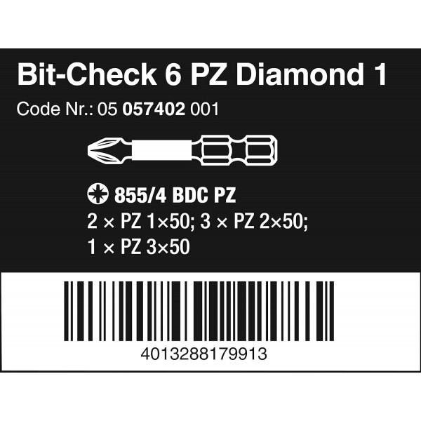 Wera Bit-Check 6 PZ 다이아몬드 1 드릴/드라이버용 캠 아웃 방지 비틀림 장수명 비트 세트, 50mm PZ 6피스, 05057402001