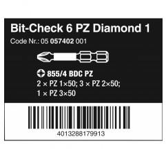 Wera Bit-Check 6 PZ 다이아몬드 1 드릴/드라이버용 캠 아웃 방지 비틀림 장수명 비트 세트, 50mm PZ 6피스, 05057402001