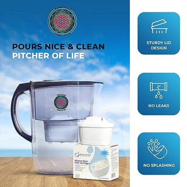 Life Ionizer Pitcher of Life 3.8L 알칼리성 물 투수, 2L 필터링 용량, 6단계 우수한 필터 카트리지, BPA 프리, 친환경