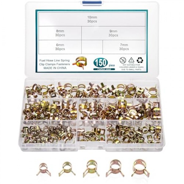 150 Pcs 연료 라인 스프링 호스 클램프, 스프링 밴드 유형 스프링 클립 클램프 키트, 실리콘 진공 호스 수도관 공기 튜브 저압 클램프 패스너 분류 키트-6mm/7mm/8mm/9mm/10mm