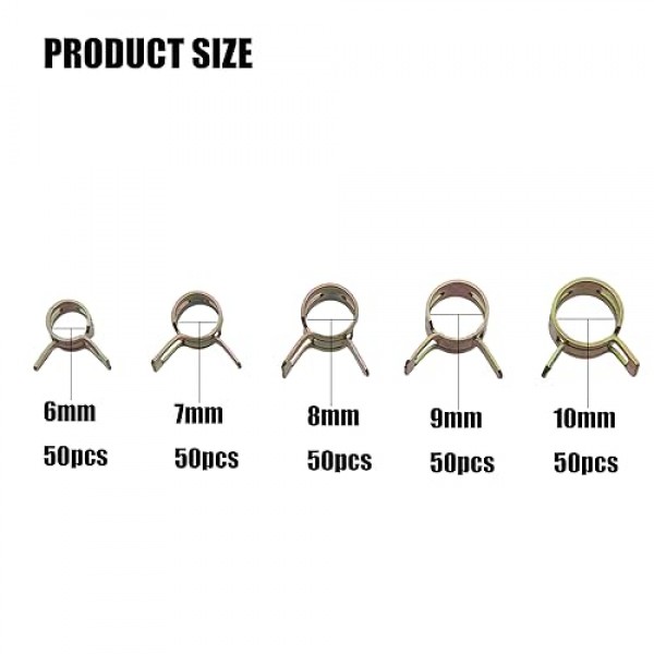 150 Pcs 연료 라인 스프링 호스 클램프, 스프링 밴드 유형 스프링 클립 클램프 키트, 실리콘 진공 호스 수도관 공기 튜브 저압 클램프 패스너 분류 키트-6mm/7mm/8mm/9mm/10mm