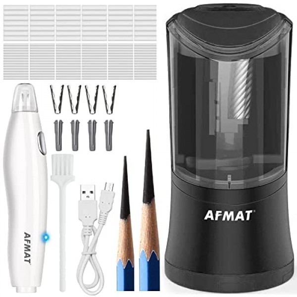 AFMAT 롱 포인트 연필깎이, 6-9.6mm 대형 연필용 충전식 아트 연필깎이, 예술가용 충전식 전기 지우개, 지우개 리필 140개