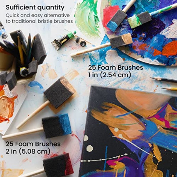 Arteza 폼 페인트 브러시, 스펀지 브러시 50개, 25 x 1인치 브러시 및 25 x 2인치 브러시, 그림, DIY 및 목재 염색용 미술 용품 ​​포함
