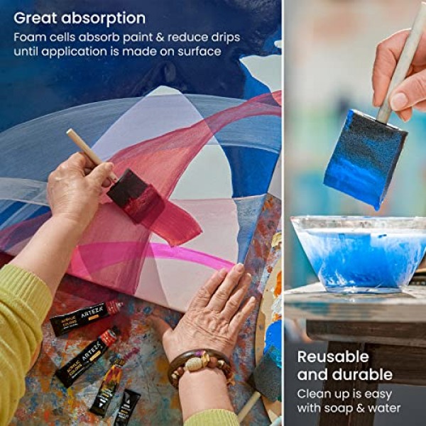 Arteza 폼 페인트 브러시, 스펀지 브러시 50개, 25 x 1인치 브러시 및 25 x 2인치 브러시, 그림, DIY 및 목재 염색용 미술 용품 ​​포함