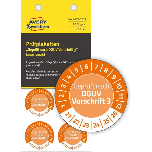 AVERY Zweckform 80개의 테스트 배지 2021-2026 DGUV 규정에 따름(위조 방지, 접착식, Ø 30mm, 테스트 스티커, 문서 필름에서 쓸 수 있는 테스트 씰) 6978-2021 주황색 Ø 30mm 2021- 2026