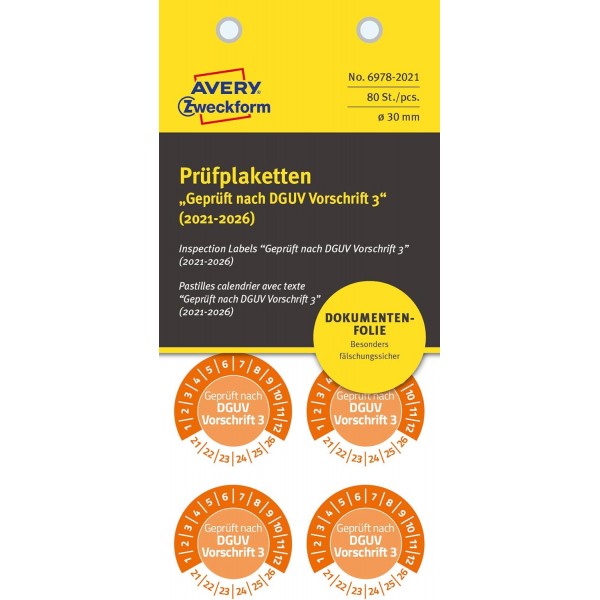 AVERY Zweckform 80개의 테스트 배지 2021-2026 DGUV 규정에 따름(위조 방지, 접착식, Ø 30mm, 테스트 스티커, 문서 필름에서 쓸 수 있는 테스트 씰) 6978-2021 주황색 Ø 30mm 2021- 2026